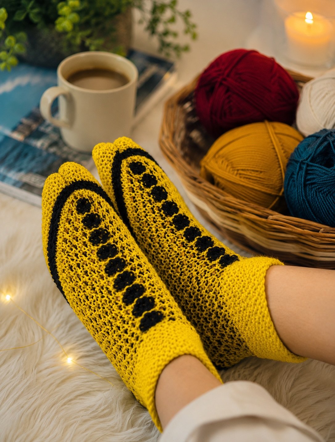 Handmade yellow and black knitted socks with yarn in the background